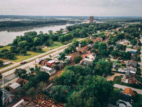 Old town brick road with brown buildings