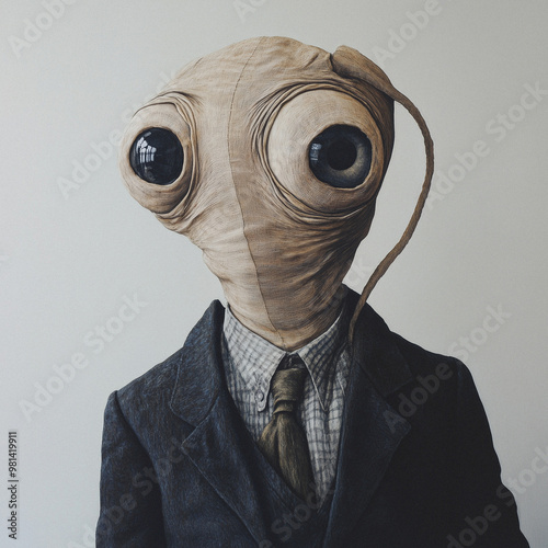 A whimsical, surreal portrait of anthropomorphic creatures dressed in vintage outfits. photo