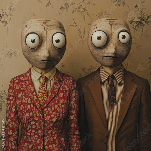A whimsical, surreal portrait of anthropomorphic creatures dressed in vintage outfits. photo