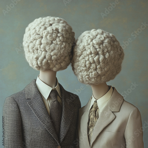 A whimsical, surreal portrait of anthropomorphic creatures dressed in vintage outfits. photo