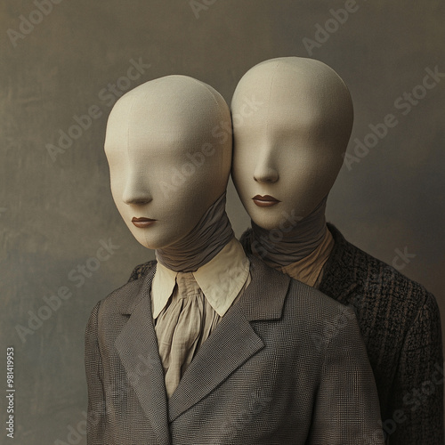 A whimsical, surreal portrait of anthropomorphic creatures dressed in vintage outfits. photo
