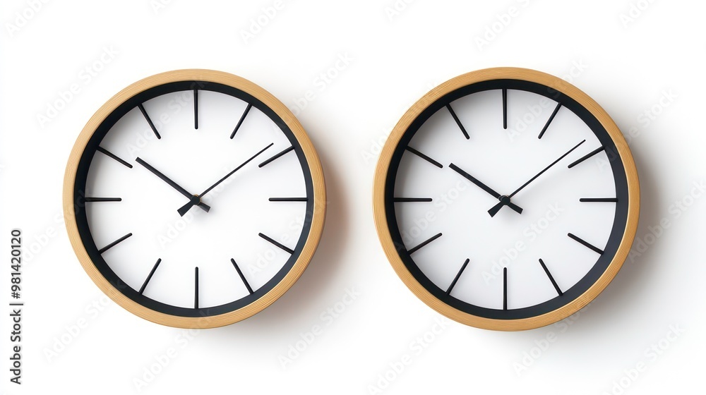 Two gold and black round clocks on a white wall. Two gold and black round clocks on a white wall.