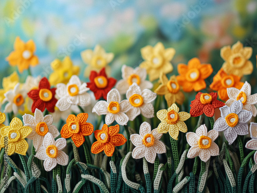 A colorful bouquet of crocheted flowers displayed in a blue vase. The intricate yarn work mimics a variety of flower shapes and colors, creating a vibrant, handmade scene. photo