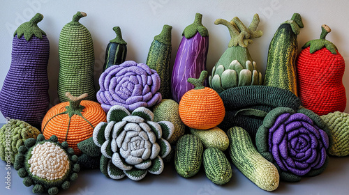 A variety of crocheted vegetables such as eggplants, tomatoes, and artichokes, arranged in a vibrant and playful display.  photo