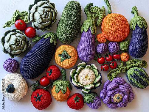 A variety of crocheted vegetables such as eggplants, tomatoes, and artichokes, arranged in a vibrant and playful display. photo