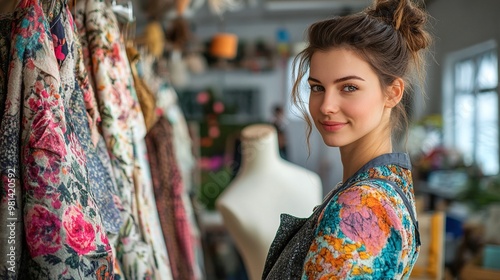 female fashion designer selecting textile samples and styling mannequins in a workspace ideal for clothing creation and fabric selection in modern fashion