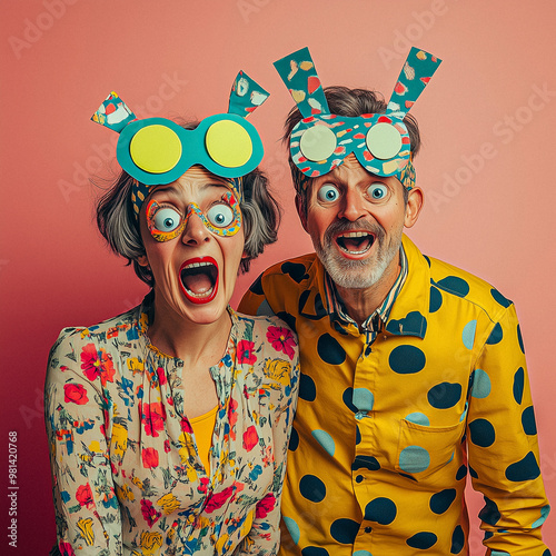 A whimsical family portrait featuring three individuals with exaggerated facial expressions, wearing party hats and quirky outfits. The wide-eyed characters create a playful and humorous atmosphere. photo