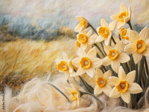 A field of intricately felted daffodils, crafted with soft yarn, set against a naturalistic backdrop. The delicate details bring a handmade touch to a springtime floral scene. photo