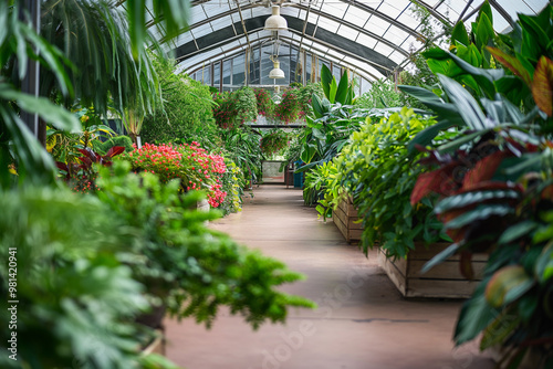 Glass roof greenhouse with tropical plants photo