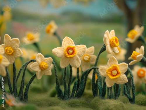 A field of intricately felted daffodils, crafted with soft yarn, set against a naturalistic backdrop. The delicate details bring a handmade touch to a springtime floral scene. photo