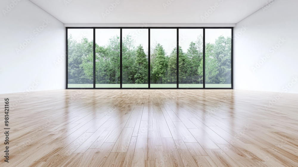 Fototapeta premium Empty room with large windows and wooden floor.