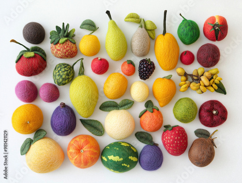 A vibrant display of felted fruit, including pineapples, oranges, strawberries, and lemons. The handmade textures bring a whimsical and colorful touch to this playful fruit arrangement. photo