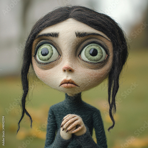 A surreal portrait of a felted humanoid figure with large, expressive eyes. The minimalist design and soft textures evoke a sense of whimsy and artistic creativity. photo