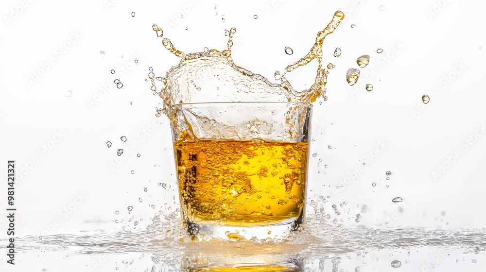A tequila shot falls into a glass, splashing on a white background. A tequila shot falls into a glass, splashing on a white background.
