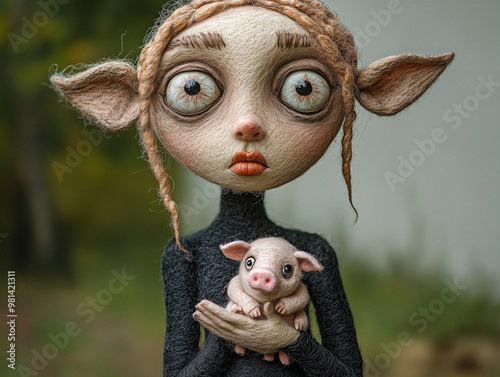 A whimsical humanoid character holding a small piglet, crafted in felt. The wide-eyed figure has a gentle expression, evoking a sense of innocence and fantasy. photo