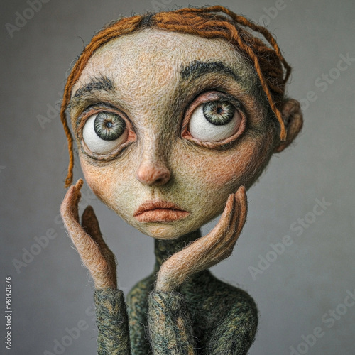 A felted humanoid figure with wide, expressive eyes, standing in a serene environment. The delicate details of the figure and soft textures give a dreamlike quality to the scene. photo