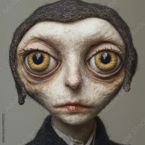 A surreal felted humanoid with large, expressive eyes and fine details, showcasing a unique handmade aesthetic. The lifelike textures and minimalist design evoke an eerie yet captivating character. photo