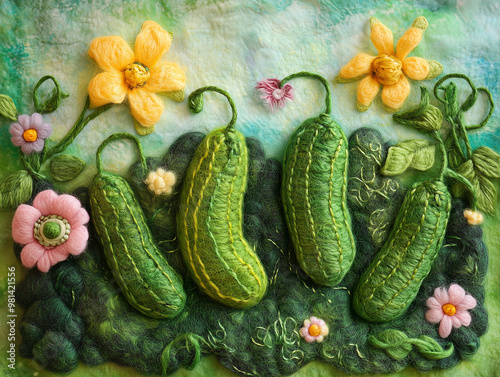 A colorful array of felted vegetables including cucumbers, pumpkins, and tomatoes.  photo