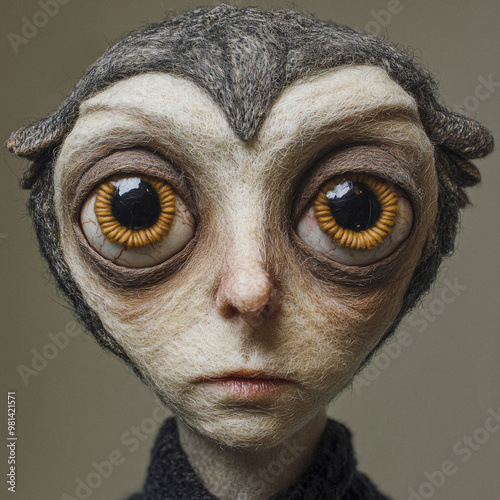 A surreal felted humanoid with large, expressive eyes and fine details, showcasing a unique handmade aesthetic. 
 photo