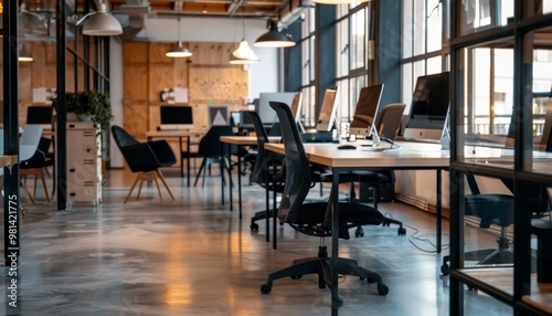 Fototapeta Naklejka Na Ścianę i Meble -  Modern co working space with expansive city views and text area on the left side for customization