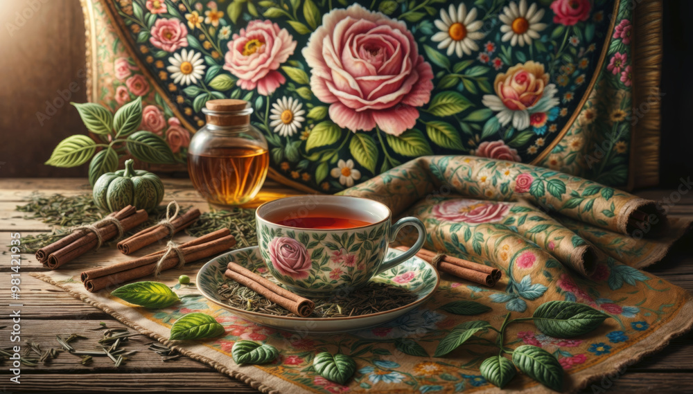Obraz premium tea setting with porcelain teacup, green tea leaves and cinnamon sticks, and vibrant floral textile background featuring roses and chamomile
