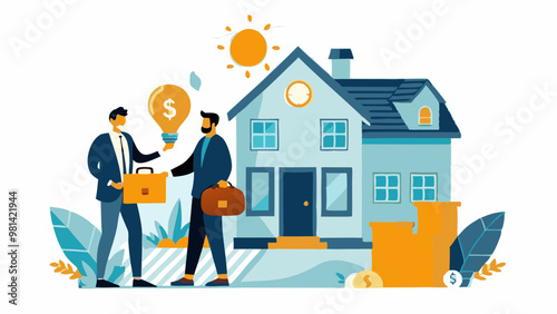 Two men shaking hands negotiating a real estate sale. Vector and illustration
