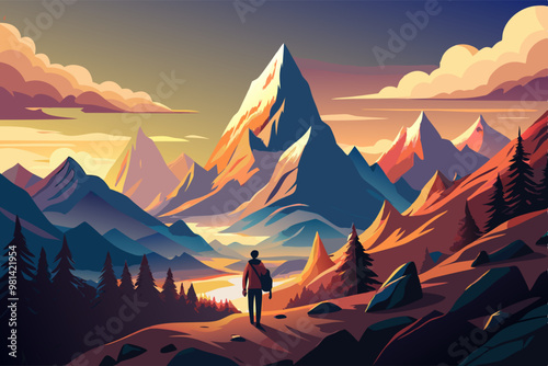 A male traveler stands in the middle of the forest and looks at the mountain scenery