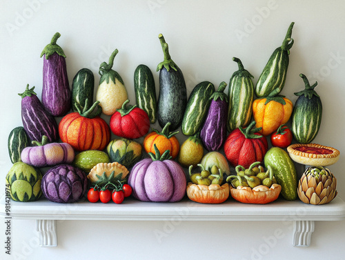 A whimsical display of various felted vegetables, including squash, eggplants, and artichokes, arranged against a light backdrop.  photo