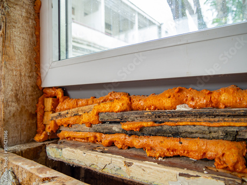Putting old boards under the window during its installation to reduce the consumption of mounting foam