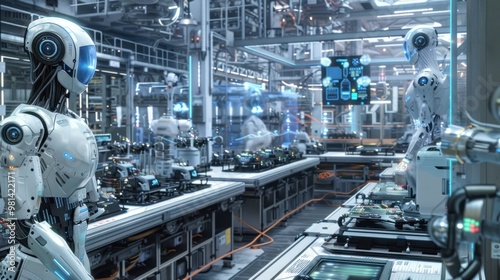 Robots working in a futuristic factory