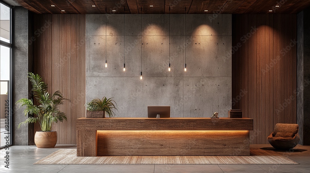 contemporary lobby design with a rustic wooden desk concrete wall and warm lighting offering a modern minimalist reception space with industrial decor and a welcoming professional interior ambiance contemporary lobby design with a rustic wooden desk concrete wall and warm lighting offering a modern minimalist reception space with industrial decor and a welcoming professional interior ambiance