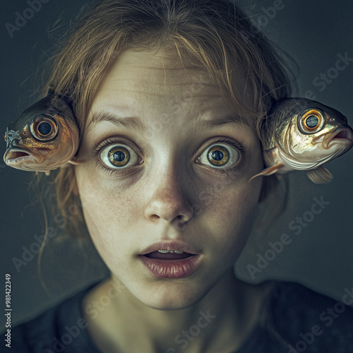A surreal portrait of a girl with large goldfish in place of her eyes. The whimsical design combines fantasy elements with a dreamlike atmosphere, evoking a sense of wonder. photo