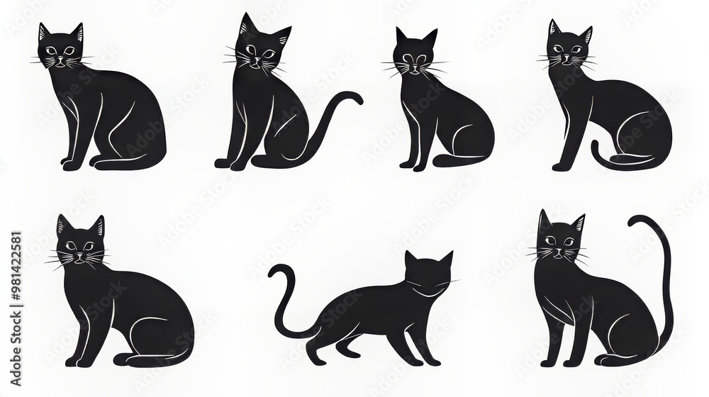 Black cats in various poses, outlined in a simple, graphic style. Black cats in various poses, outlined in a simple, graphic style.