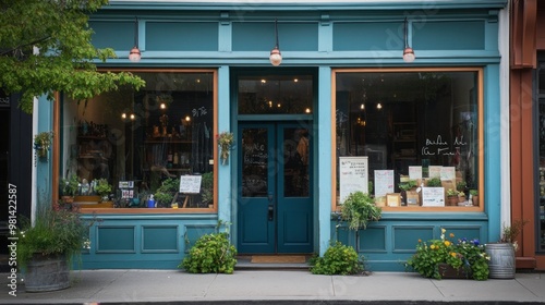 A Charming Teal Storefront with Greenery photo