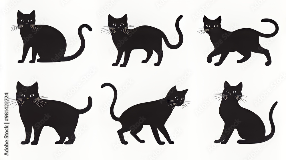 Black cats in various poses, outlined in a simple, graphic style. Black cats in various poses, outlined in a simple, graphic style.