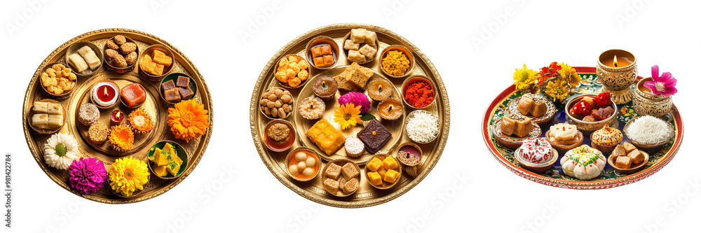 Set of A decorative thali (plate) with Diwali offerings including sweets, flowers, and a small diya isolated on transparent background Set of A decorative thali (plate) with Diwali offerings including sweets, flowers, and a small diya isolated on transparent background