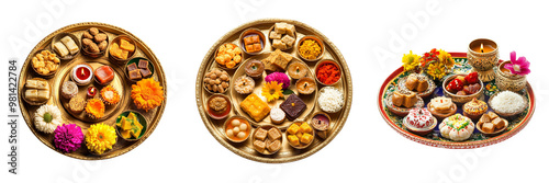 Set of A decorative thali (plate) with Diwali offerings including sweets, flowers, and a small diya isolated on transparent background