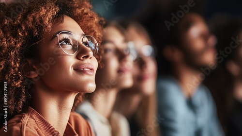 A thoughtful young woman gazes upward, surrounded by an audience, conveying inspiration and engagement in a reflective moment.