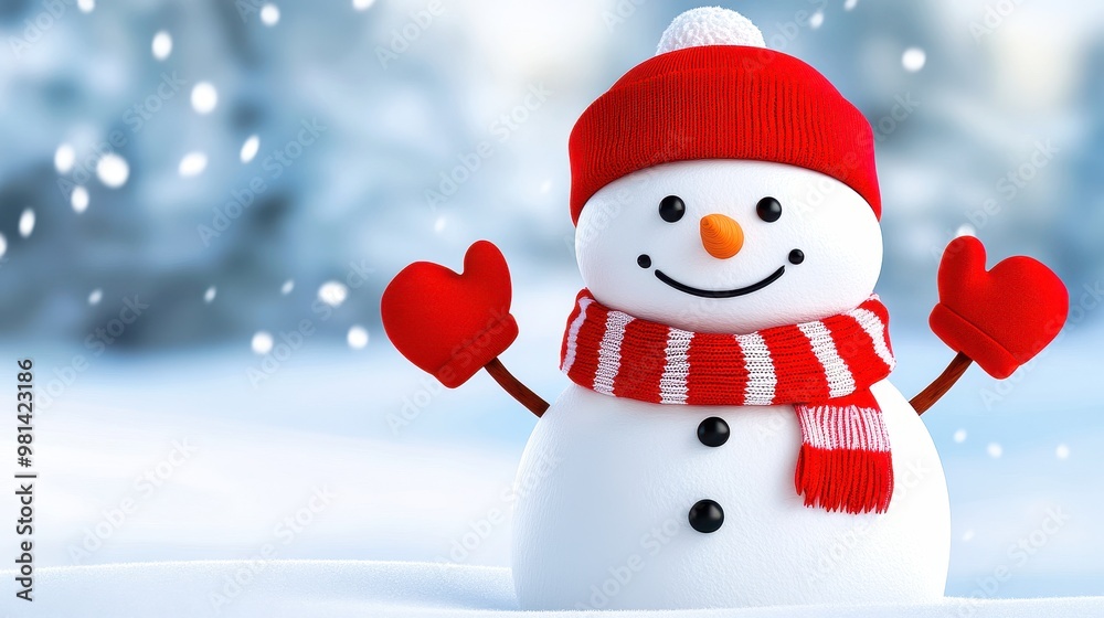 Snowman wearing red scarf and hat standing in winter wonderland Snowman wearing red scarf and hat standing in winter wonderland