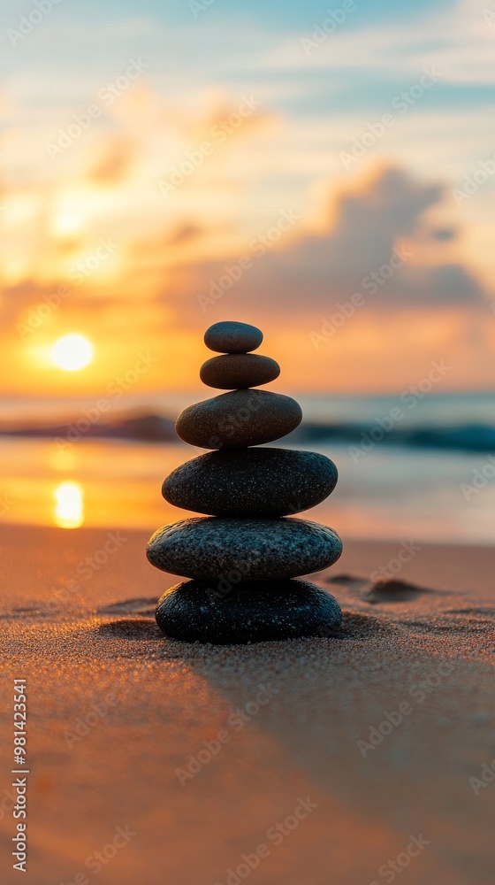 Zen stone stack on beach at sunset Zen stone stack on beach at sunset