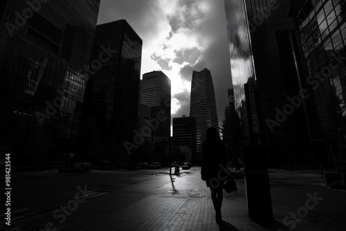 A person walks alone on a city street, surrounded by towering buildings and dramatic clouds overhead