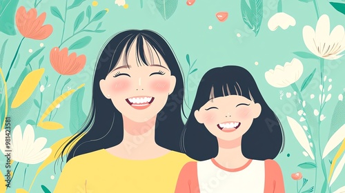 Cheerful mother and daughter smiling together in a vibrant floral background, capturing joy and love in family moments.