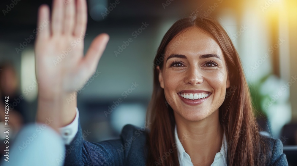 A woman is waving at someone with a smile on her face A woman is waving at someone with a smile on her face