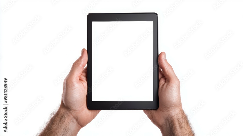 A person is holding a tablet with a white screen A person is holding a tablet with a white screen
