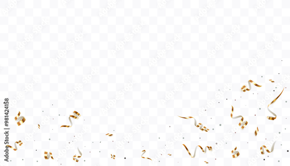 Golden confetti on transparent background, bright streamer. Falling shiny confetti streamer. Bright golden festive tinsel. Festive design elements for web banner, poster, flyer, invitation. Golden confetti on transparent background, bright streamer. Falling shiny confetti streamer. Bright golden festive tinsel. Festive design elements for web banner, poster, flyer, invitation.
