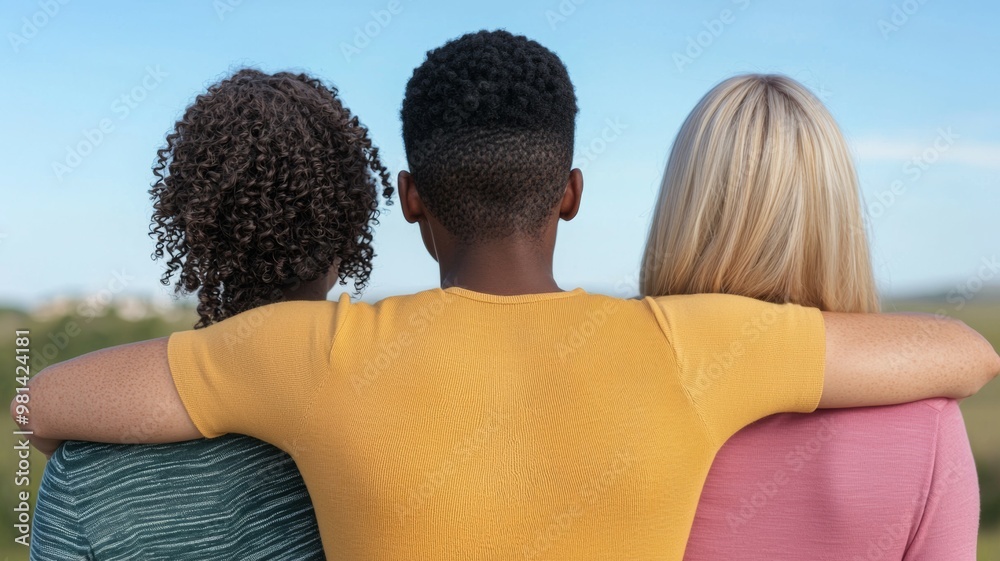 Three people are standing together, one of them wearing a yellow shirt Three people are standing together, one of them wearing a yellow shirt