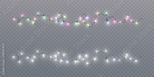 Christmas bright lights garland bulbs light isolated on transparent background. For new year and holiday decoration.