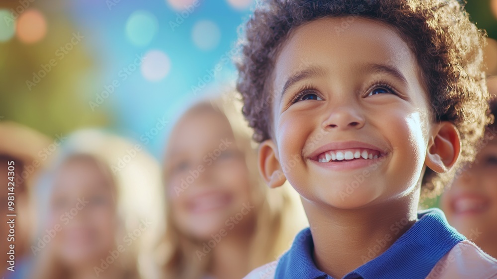 A young boy with a big smile on his face is surrounded by other children A young boy with a big smile on his face is surrounded by other children