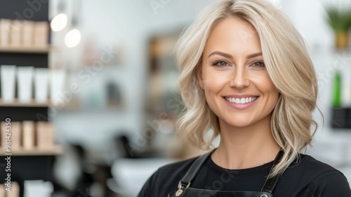 A blonde woman with a black apron and a smile on her face