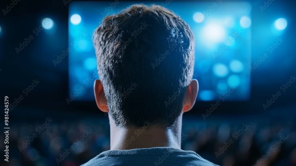 A man is watching a movie in a theater A man is watching a movie in a theater